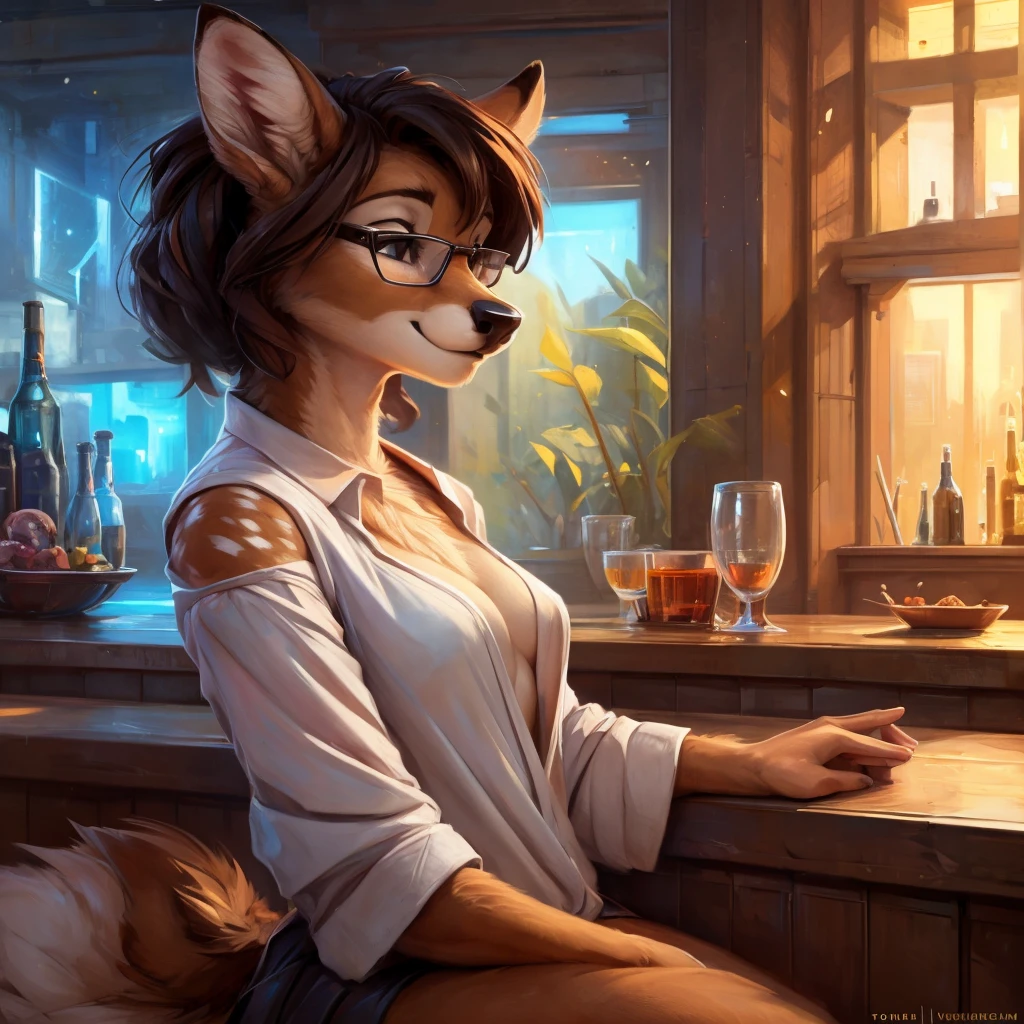 1girl, furry, anthro, canine, dog, poodle, female, dog_ears, curly_hair, black_fur, brown_fur brown_hair, curly_hair, glasses, fat_ass, pierced_nipples, chest_fluff, fluffy_tail, night, open_jacket, leather_jacket, seaside, beach, thatched_roof, urban, purple bikini, bar