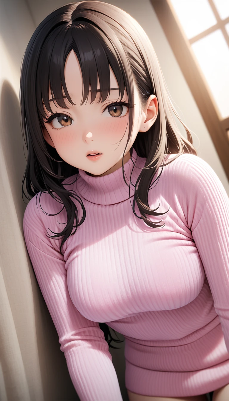 realisticlying、 I get excited and turn bright red and laugh.、a 18 year old girl((Grasp your breasts with both hands))、wearing a red turtleneck sweater、Breasts enlarged、Open your mouth wide、Sexy Posing、I'm sweating、Redness of cheeks、