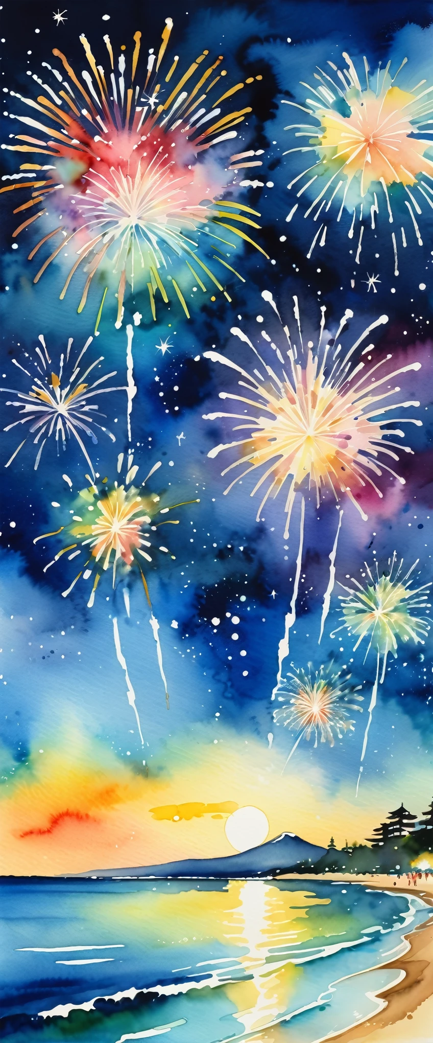 masterpiece,Beautiful fireworks watercolor,Summer in Japan,Night Sky,Sandy Beach,audience,(Watercolor splashes、ooze、Blur、blotting、Effective use of the fading technique),(beauty),(Ephemerality)