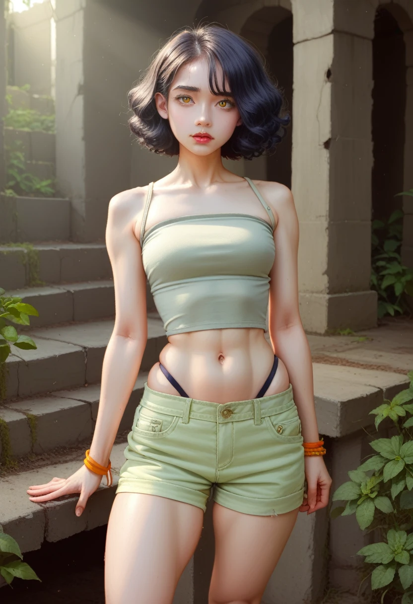 Bright lens: 1.3), epic realistic, Yellow eyes, Girl attacker, (A girl), Light gray opaque short-sleeved top, Sheer fabric at waist, wavy hair 1.4, (Dark blue hair), short hair, Dark blue and orange color scheme, (Light green shorts), The Aesthetics of Wilderness and Canyons!!! n Ruins, Soft lighting, Adobe Lightroom, darkroom, HDR, complex, Green bracelet on the arm, straps from red thrings over Sheer fabric at waist, Thong under shorts