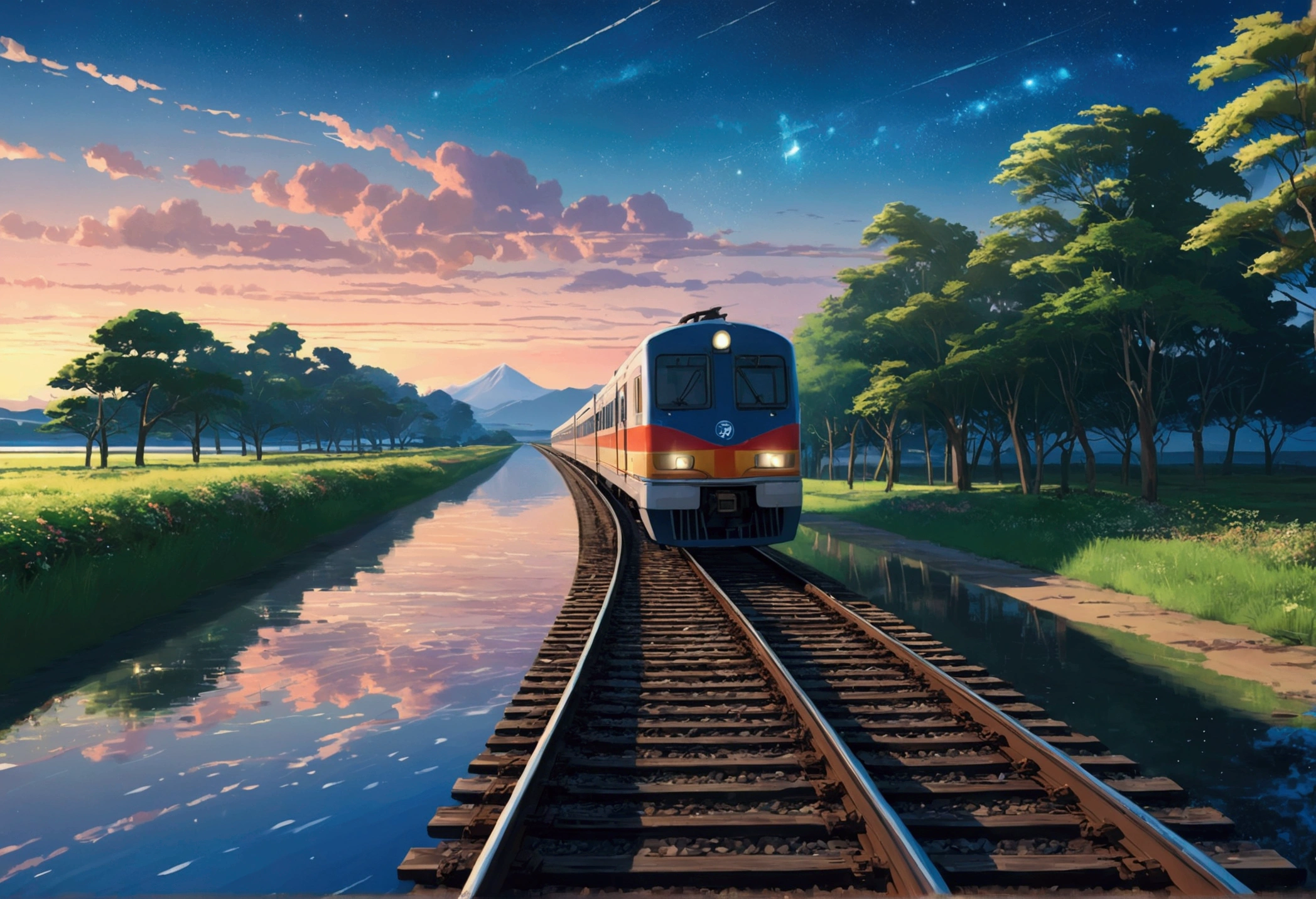 Masterpiece, Anime train passing through bodies of water on tracks, Bright starry sky. Romantic train, Makoto Shinkai's picture, Pisif, concept-art, Lofi art style, Reflection. By Makoto Shinkai, Lofi art, beautiful anime scenes, Anime landscape, Detailed scenery —width 672, in the style of makoto shinkai, Makoto Shinkai's style, Enhanced detail.