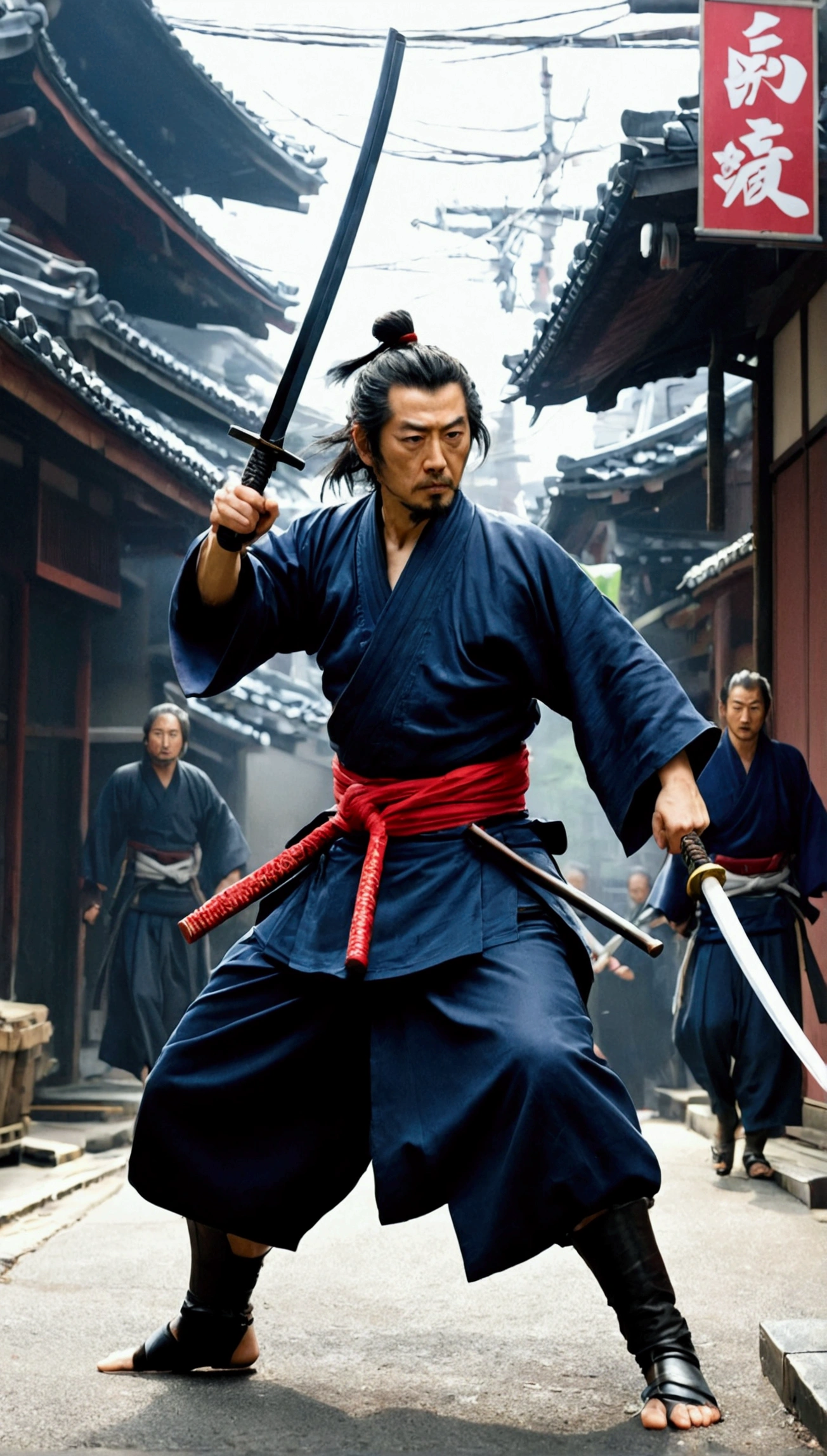 「Miyamoto Musashi fighting in the street。Around him are fallen enemies and fugitives.々。