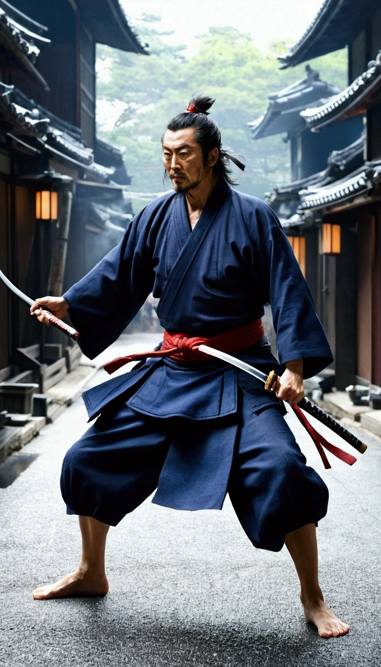 「Miyamoto Musashi fighting in the street。Around him are fallen enemies and fugitives.々。