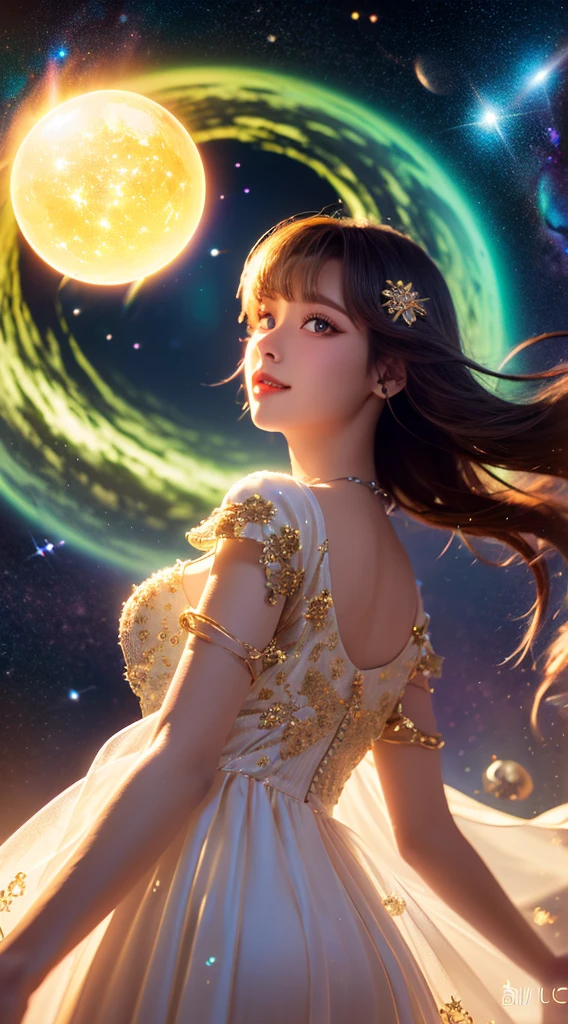 (realistic) A girl in cloud universe with shining stars and galaxy, wearing a (clean and elegant) dress, surrounded by (vibrant and colorful), light particles surround, heaven opens into the swirls of galaxy. Her (beautiful detailed) eyes and (beautiful detailed) lips. The dress is made of a light material. The girl's hair flows down in (loose and natural) curls, adding to her (gentle and carefree) appearance. She is holding a glowing orb that has swirls of colors. The overall image is of (best quality, highres) with (ultra-detailed) textures and (realistic) colors. The color palette dreamy and ethereal atmosphere. The lighting is soft, casting subtle shadows. 8k cinematic, volumetric lighting, golden ratio