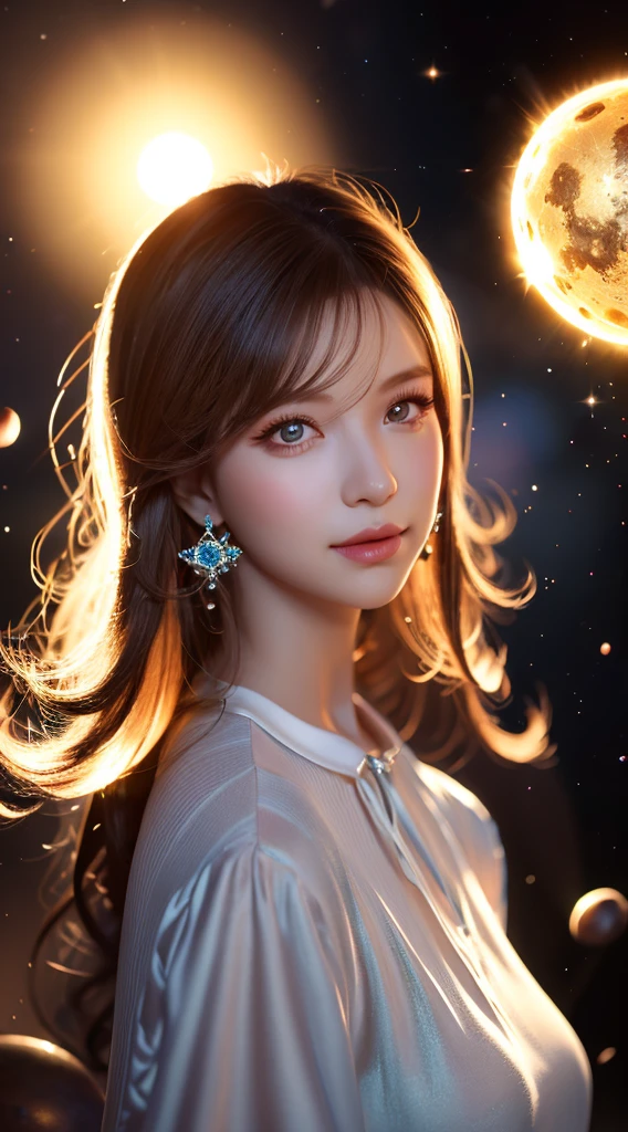 (realistic) A girl in cloud universe with shining stars and galaxy, wearing a (clean and elegant) dress, surrounded by (vibrant and colorful), light particles surround, heaven opens into the swirls of galaxy. Her (beautiful detailed) eyes and (beautiful detailed) lips. The dress is made of a light material. The girl's hair flows down in (loose and natural) curls, adding to her (gentle and carefree) appearance. She is holding a glowing orb that has swirls of colors. The overall image is of (best quality, highres) with (ultra-detailed) textures and (realistic) colors. The color palette dreamy and ethereal atmosphere. The lighting is soft, casting subtle shadows. 8k cinematic, volumetric lighting, golden ratio