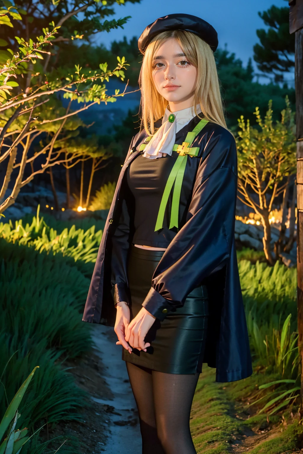 1 girl, best quality, ((Miyo)), tarankaaa, perfect face, NOT Dasha Taran, beautiful smile, 30 years old, ((ascot,uniform, black skirt, cross, ribbon, gold blonde hair, emerald, beret, cape, pantyhose)), ((perfectly drawn hands)), perfect body, bare tree, bush, fog, forest, grass, nature, outdoors, plant, scenery, solo, standing, tree, 32k photograph, ((perfect eyes, detailed eyes,realistic eyes)), ((sharp face, detailed face, realistic face, natural skin, realistic skin, detailed skin, pores)), full body, tone mapping, asian-european, ((masterpiece)), ((highres)), ((detailed background)), japanese village background, night, big proportions, (abdomen is covered)