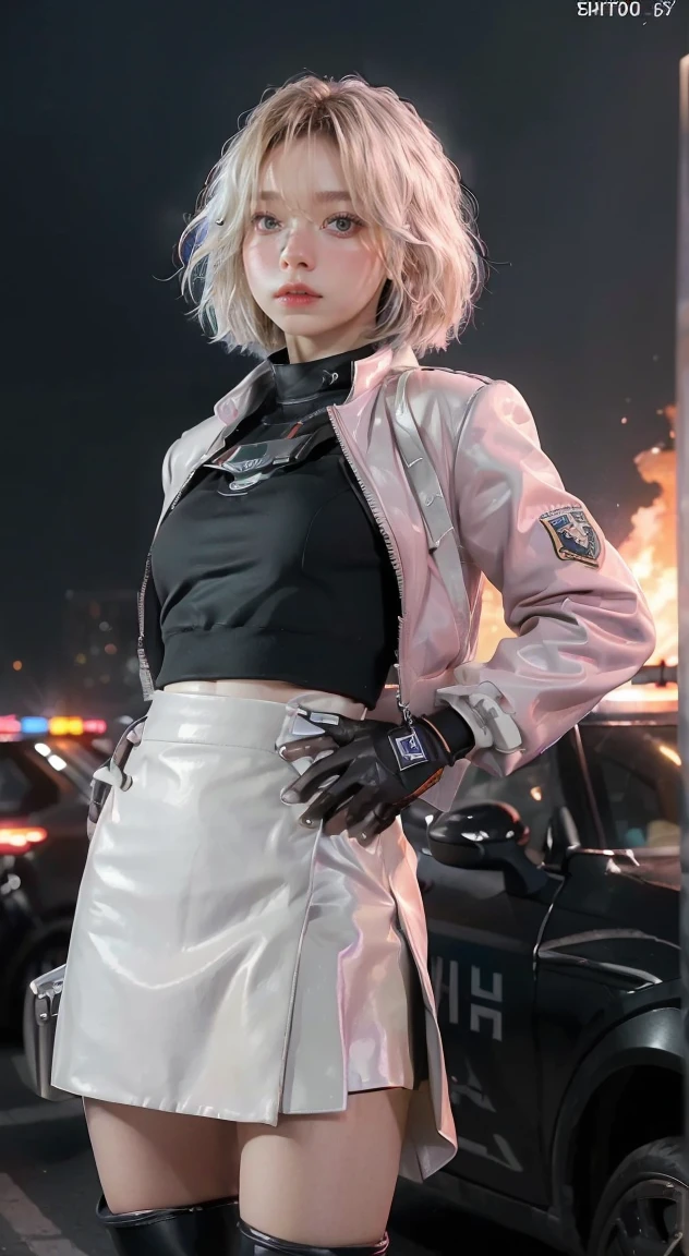 (Top Quality, Ultra High Definition, Photorealistic:1.4), (cowboy shot:1), 1 Beautiful Armed Girl, (Kpop Idol), Detailed Face, (Hair Style: long hair blonde:1, fullbang, shortbob-style:1), Contrapposto, Perfect Anatomy, ((wearing Futuristic Police Racing Suits, low-mini-skirt, police wappen, High-tech Headset, military harness, racing gloves, )), (Cloths colors based on silver pink black white), (background, crashed cars, fire, (Explosion)),