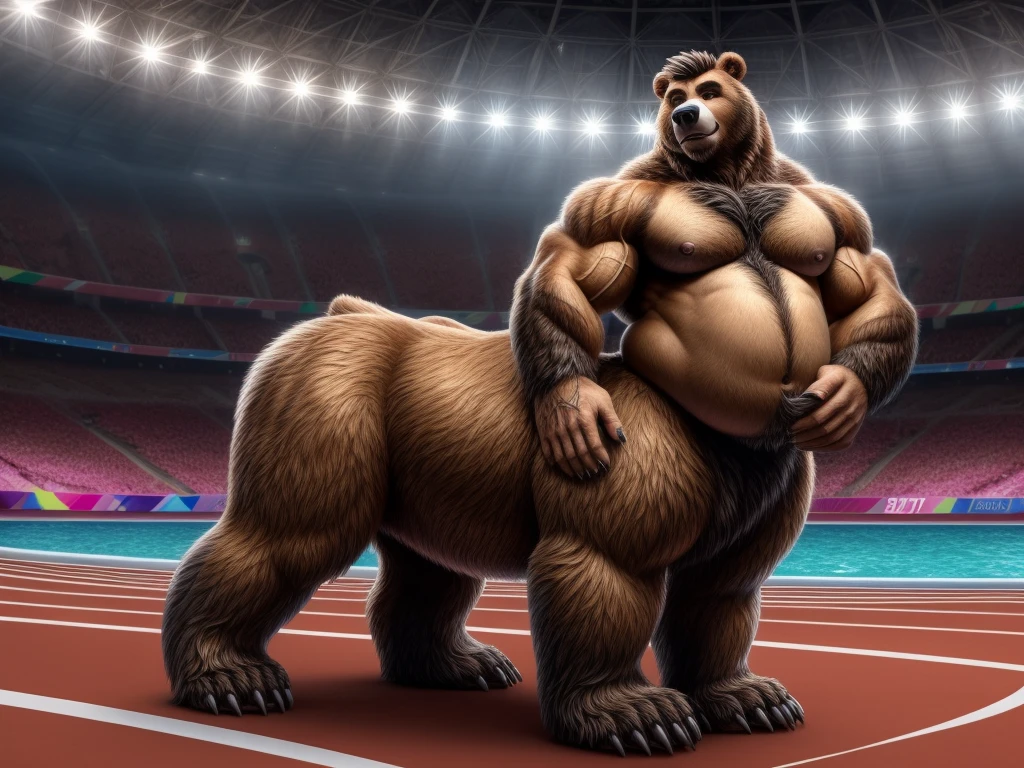 furry, fur taur, beartaur, human-like, anthro, middle-age, solo,1man, detailed face, bear ears, bear eyes(brown), bear nose(black), bear mouth, beard(grey), hair, mature hair(grey), detailed arm, thick arm, forearm hair, muscular, thick hands(5 fingers), thick claws, detailed body belly, thick body, muscle belly(white), thick chest, chest hair(white), nipples, detailed taur body, thick taur body, waist hair, thick bear paws, bear paws hair, thick bear claws, thick bear tail, full body shot, standing in the Franch's Olympic Games Venue