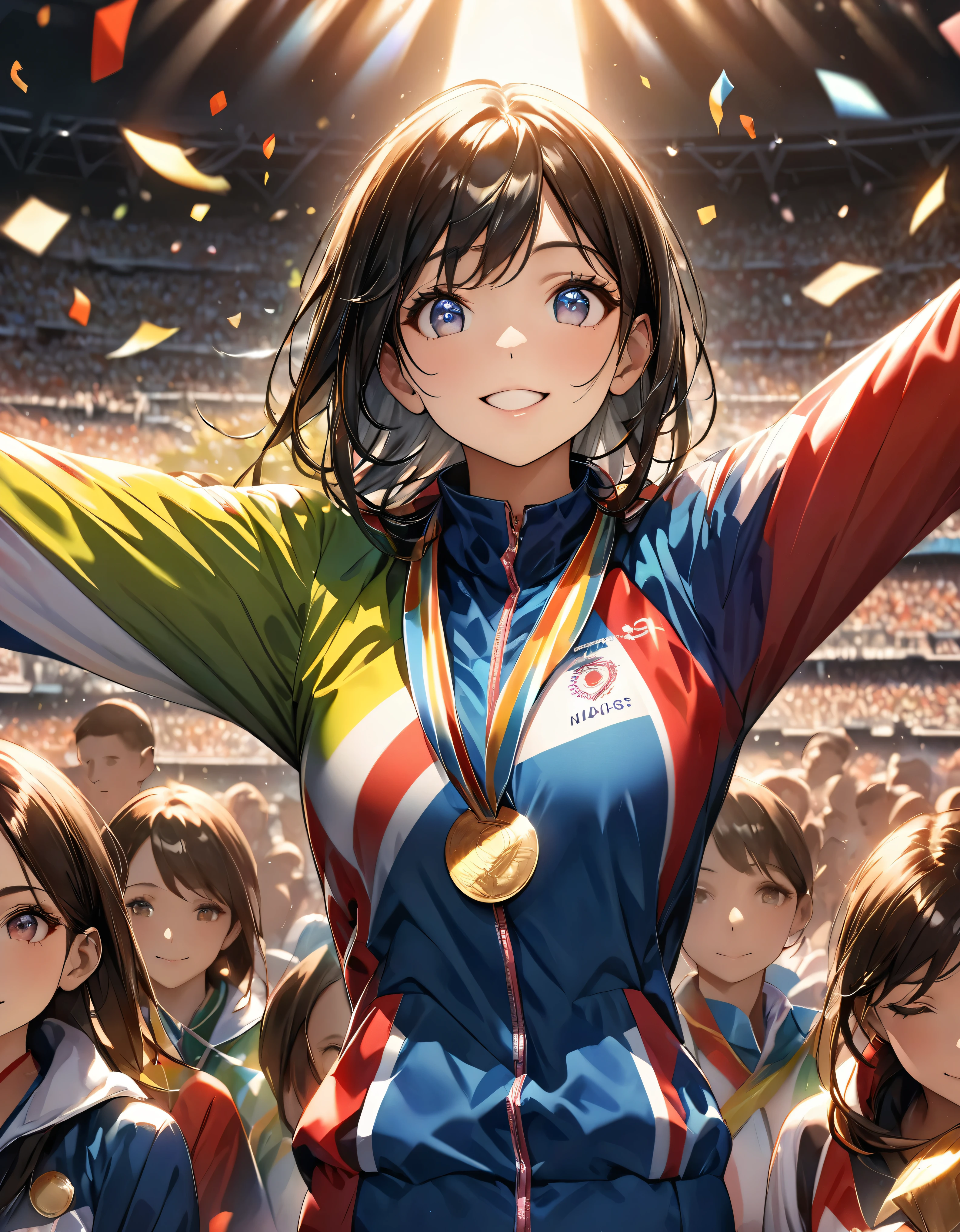 Gold Medal Winning Female Olympians, Expression of overjoy, Professionalism, Bright colors, Soft lighting, Expressive eyes, Detailed lips, Long eyelashes, Pleasant atmosphere, Players pose for joy, Colorful sportswear:1.1, Bust Shot, Dramatic lighting, Cinematic composition, Bright colors, Award ceremony, Podium, Crowd at the stadium, Cheering Spectators, Confetti, Dramatic shadows and highlights, Shining Medal, Seamless blending of elements, (Highest quality:1.2, Very detailed, up to date, Vibrant, Ultra-high resolution, High Contrast, masterpiece:1.2, Highest quality, Best aesthetics).
