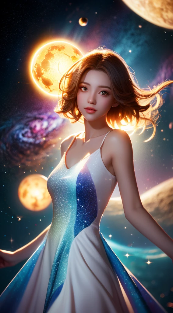 (realistic) A girl in cloud universe with shining stars and galaxy, wearing a (clean and elegant) dress, surrounded by (vibrant and colorful), light particles surround, heaven opens into the swirls of galaxy. Full body with long legs. Her (beautiful detailed) eyes and (beautiful detailed) lips. The dress is made of a light material. The girl's hair flows down in (loose and natural) curls, adding to her (gentle and carefree) appearance. She is holding a glowing orb that has swirls of colors. The overall image is of (best quality, highres) with (ultra-detailed) textures and (realistic) colors. The color palette dreamy and ethereal atmosphere. The lighting is soft, casting subtle shadows. 8k cinematic, volumetric lighting, golden ratio