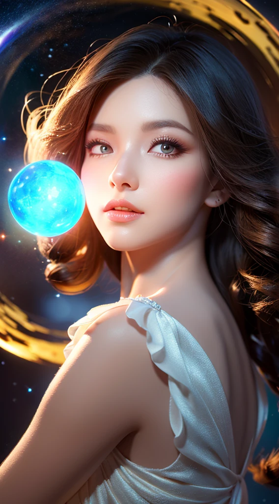 (realistic) A girl in cloud universe with shining stars and galaxy, wearing a (clean and elegant) dress, surrounded by (vibrant and colorful), light particles surround, heaven opens into the swirls of galaxy. Her (beautiful detailed) eyes and (beautiful detailed) lips. The dress is made of a light material. The girl's hair flows down in (loose and natural) curls, adding to her (gentle and carefree) appearance. She is holding a glowing orb that has swirls of colors. The overall image is of (best quality, highres) with (ultra-detailed) textures and (realistic) colors. The color palette dreamy and ethereal atmosphere. The lighting is soft, casting subtle shadows. 8k cinematic, volumetric lighting, golden ratio