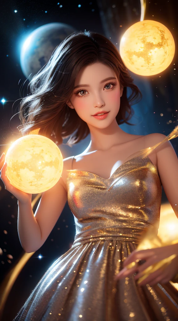 (realistic) A girl in cloud universe with shining stars and galaxy, wearing a (clean and elegant) dress, surrounded by (vibrant and colorful), light particles surround, heaven opens into the swirls of galaxy. Her (beautiful detailed) eyes and (beautiful detailed) lips. The dress is made of a light material. The girl's hair flows down in (loose and natural) curls, adding to her (gentle and carefree) appearance. She is holding a glowing orb that has swirls of colors. The overall image is of (best quality, highres) with (ultra-detailed) textures and (realistic) colors. The color palette dreamy and ethereal atmosphere. The lighting is soft, casting subtle shadows. 8k cinematic, volumetric lighting, golden ratio