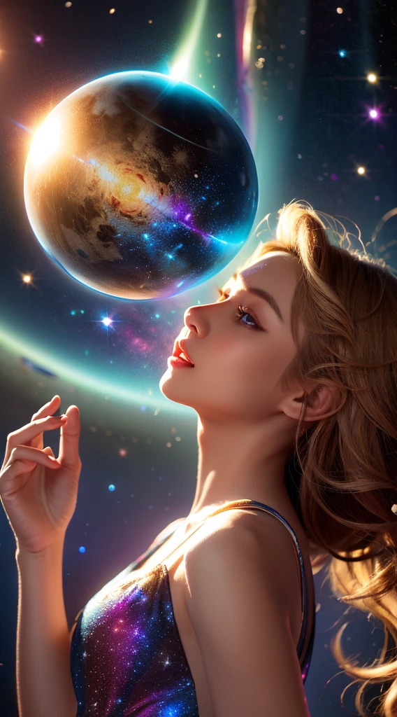 (realistic) A girl in cloud universe with shining stars and galaxy, wearing a (clean and elegant) dress, surrounded by (vibrant and colorful), light particles surround, heaven opens into the swirls of galaxy. Her (beautiful detailed) eyes and (beautiful detailed) lips. The dress is made of a light material. The girl's hair flows down in (loose and natural) curls, adding to her (gentle and carefree) appearance. She is holding a glowing orb that has swirls of colors. The overall image is of (best quality, highres) with (ultra-detailed) textures and (realistic) colors. The color palette dreamy and ethereal atmosphere. The lighting is soft, casting subtle shadows. 8k cinematic, volumetric lighting, golden ratio