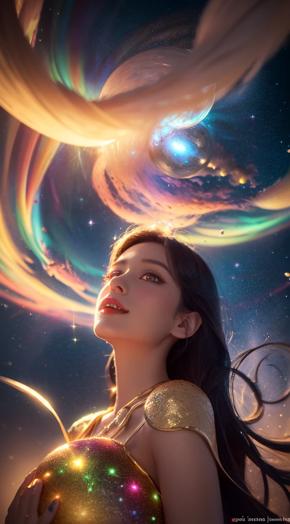 (realistic) A girl in cloud universe with shining stars and galaxy, wearing a (clean and elegant) dress, surrounded by (vibrant and colorful), light particles surround, heaven opens into the swirls of galaxy. Her (beautiful detailed) eyes and (beautiful detailed) lips. The dress is made of a light material. The girl's hair flows down in (loose and natural) curls, adding to her (gentle and carefree) appearance. She is holding a glowing orb that has swirls of colors. The overall image is of (best quality, highres) with (ultra-detailed) textures and (realistic) colors. The color palette dreamy and ethereal atmosphere. The lighting is soft, casting subtle shadows. 8k cinematic, volumetric lighting, golden ratio