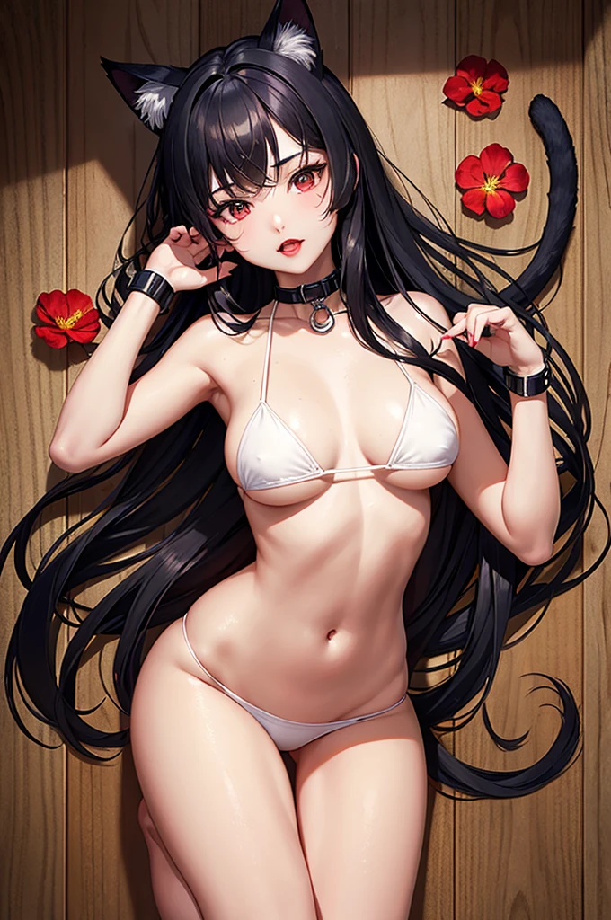 Detailed facial details,,1 girl,Red lips,Cat ear,Black long hair,Wearing a pure white bikini,Large Breasts,Slim,Collar,Handcuffs,Radiant Skin,Kneel on the plank,Wood board shop,flower,Small Island,Dense forest,Rainforest