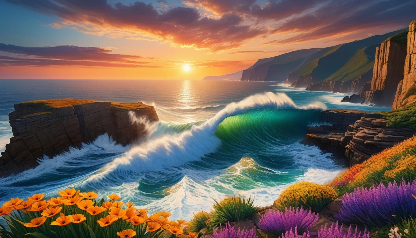 beautiful sunset seascape, big waves crashing against the cliff, colorful flowers blooming on the cliff (masterpiece, ultra quality, high resolution, 8k, intricate: 1.2), (masterpiece), (best quality:1)