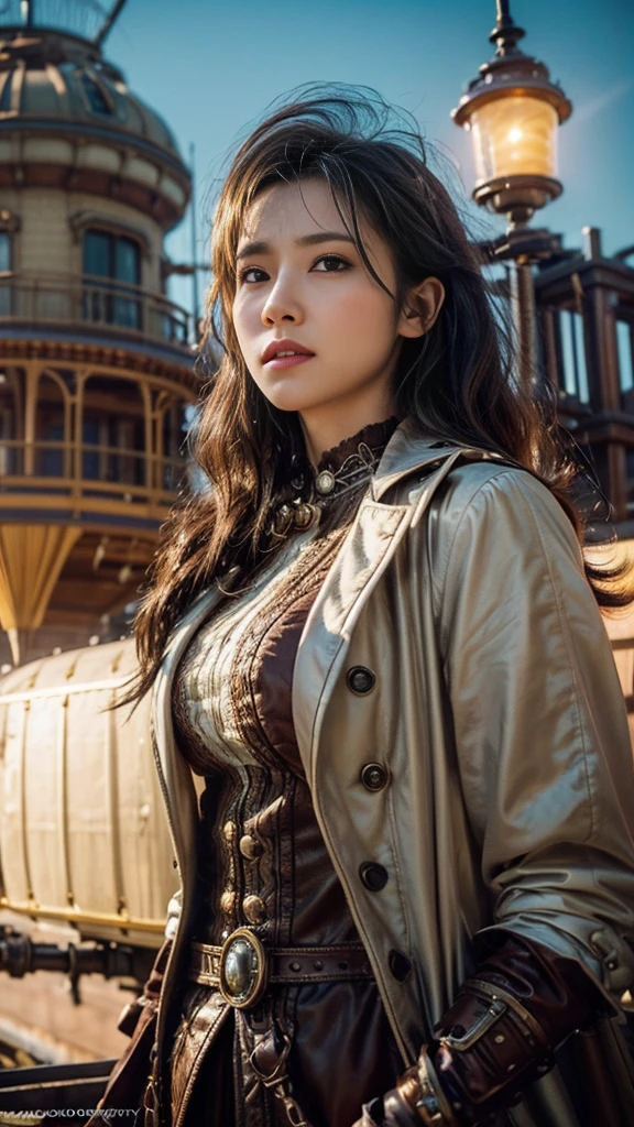 source_photo, (photography, realistic:1.4), cinematic, depth of field, bokeh, best quality BREAK
a woman, solo, steampunk adventurer, dynamic angle, dramatic lighting, Victorian-era outfit with mechanical gadgets, airship dock, towering zeppelins, mechanical contraptions, golden hour, determined expression, warm colors