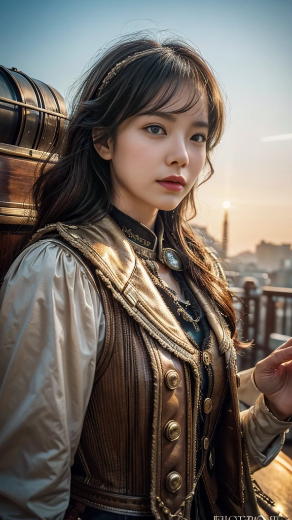 source_photo, (photography, realistic:1.4), cinematic, depth of field, bokeh, best quality BREAK
a woman, solo, steampunk adventurer, dynamic angle, dramatic lighting, Victorian-era outfit with mechanical gadgets, airship dock, towering zeppelins, mechanical contraptions, golden hour, determined expression, warm colors