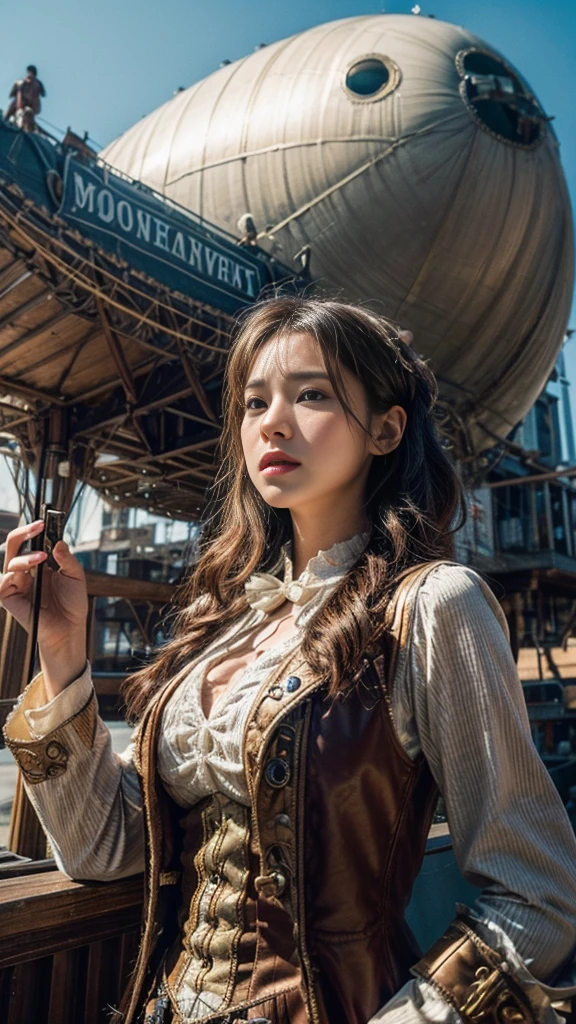 source_photo, (photography, realistic:1.4), cinematic, depth of field, bokeh, best quality BREAK
a woman, solo, steampunk adventurer, dynamic angle, dramatic lighting, Victorian-era outfit with mechanical gadgets, airship dock, towering zeppelins, mechanical contraptions, golden hour, determined expression, warm colors