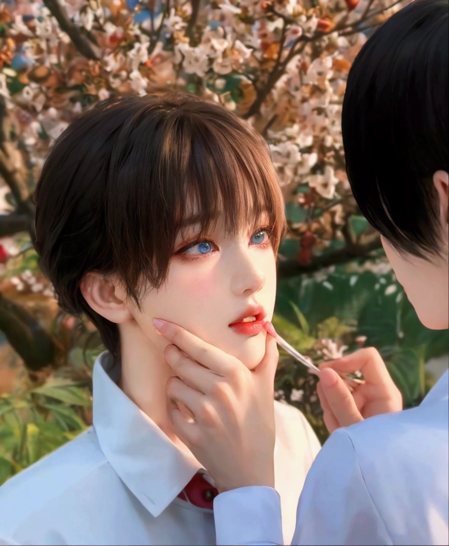 young woman/ young woman with light blonde hair, platinum ruby hair, wavy hair, Porcelain skin, milky white skin, pale skin and slightly flushed, Hwang Hyunjin's way, cabello rubio y Porcelain skin, pompous lips and face of hwang hyunjin and green eyes full of innocence. his face conveys innocence