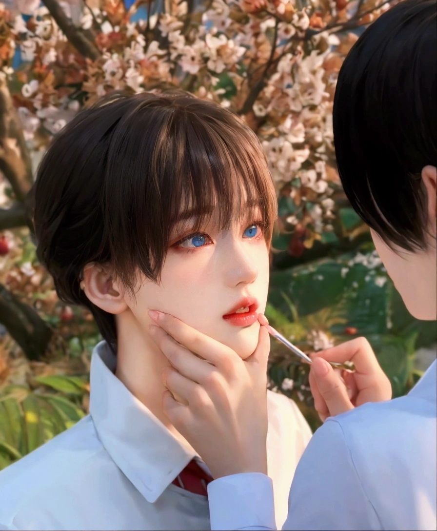young woman/ young woman with light blonde hair, platinum ruby hair, wavy hair, Porcelain skin, milky white skin, pale skin and slightly flushed, Hwang Hyunjin&#39;s way, cabello rubio y Porcelain skin, pompous lips and face of hwang hyunjin and green eyes full of innocence. his face conveys innocence