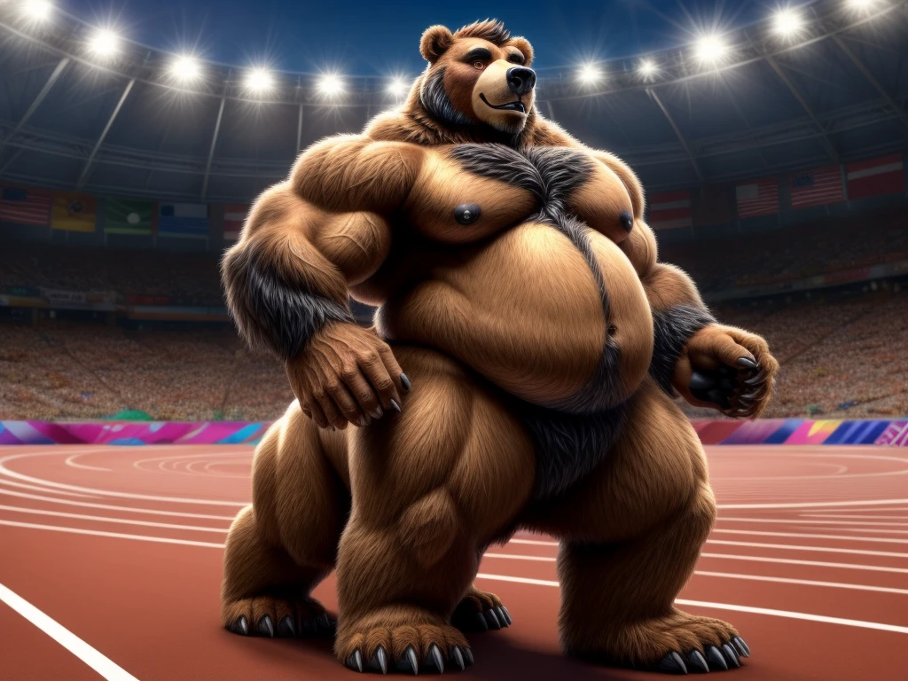 furry, fur taur, beartaur, human-like, anthro, middle-age, solo,1man, detailed face, bear ears, bear eyes(brown), bear nose(black), bear mouth, beard(grey), hair, mature hair(grey), detailed arm, thick arm, forearm hair, muscular, thick hands(5 fingers), thick claws, detailed body belly, thick body, muscle belly(white), thick chest, chest hair(white), nipples, detailed taur body, thick taur body, waist hair, thick bear paws, bear paws hair, thick bear claws, thick bear tail, full body shot, standing on the Franch's Olympic Games Venue