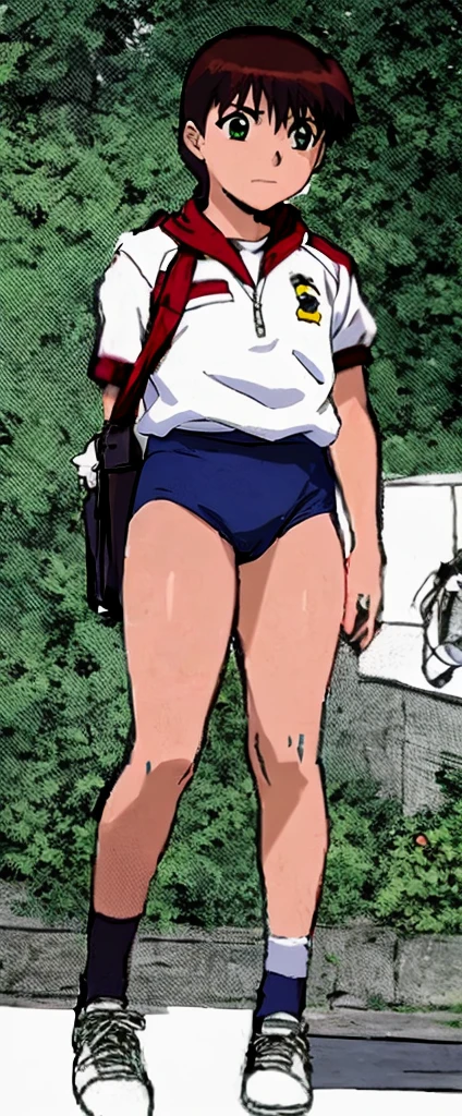 Miyanoshita Satsuki, with her beautiful legs, is wearing white gym clothes and light navy blue bloomers that look like panties, and she is confronting a boy with a shaved head and wearing a tracksuit with an angry expression.。