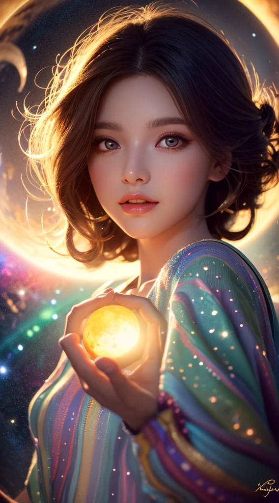 (realistic) A girl in cloud universe with shining stars and galaxy, wearing a (clean and elegant) dress, surrounded by (vibrant and colorful), light particles surround, heaven opens into the swirls of galaxy. Her (beautiful detailed) eyes and (beautiful detailed) lips. The dress is made of a light material. The girl's hair flows down in (loose and natural) curls, adding to her (gentle and carefree) appearance. She is holding a glowing orb that has swirls of colors. The overall image is of (best quality, highres) with (ultra-detailed) textures and (realistic) colors. The color palette dreamy and ethereal atmosphere. The lighting is soft, casting subtle shadows. 8k cinematic, volumetric lighting, golden ratio