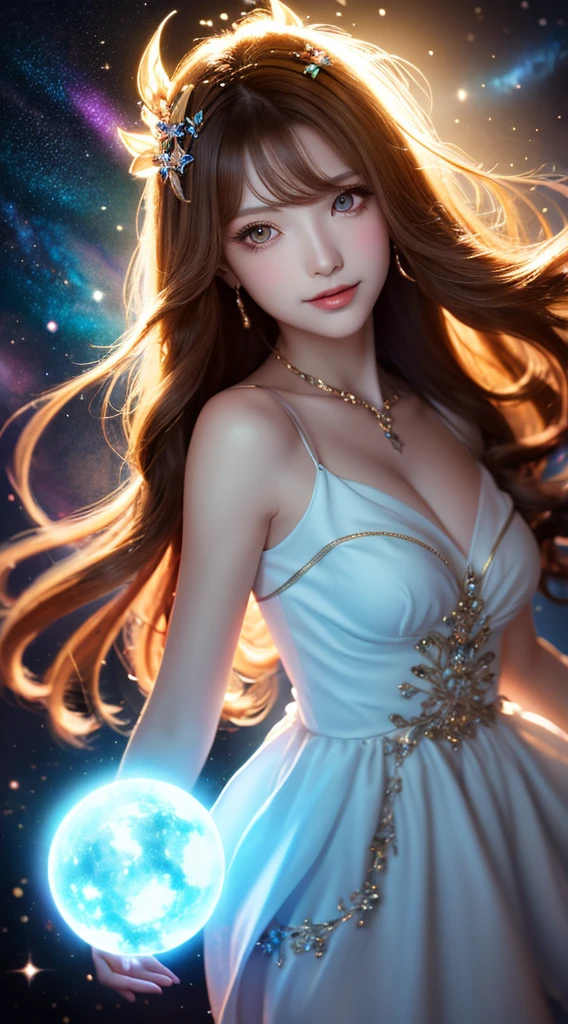 (realistic) A girl in cloud universe with shining stars and galaxy, wearing a (clean and elegant) dress, surrounded by (vibrant and colorful), light particles surround, heaven opens into the swirls of galaxy. Her (beautiful detailed) eyes and (beautiful detailed) lips. The dress is made of a light material. The girl's hair flows down in (loose and natural) curls, adding to her (gentle and carefree) appearance. She is holding a glowing orb that has swirls of colors. The overall image is of (best quality, highres) with (ultra-detailed) textures and (realistic) colors. The color palette dreamy and ethereal atmosphere. The lighting is soft, casting subtle shadows. 8k cinematic, volumetric lighting, golden ratio