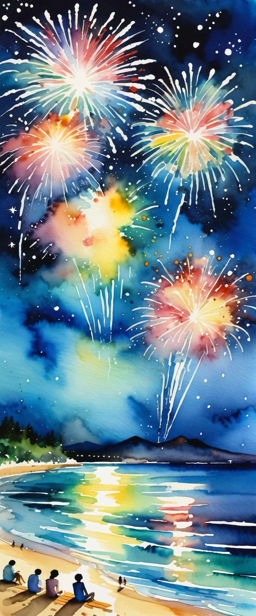 masterpiece,Beautiful fireworks watercolor,Summer in Japan,Night Sky,Sandy Beach,audience,(Watercolor splashes、ooze、Blur、blotting、Effective use of the fading technique),(beauty),(Ephemerality),(dynamic)