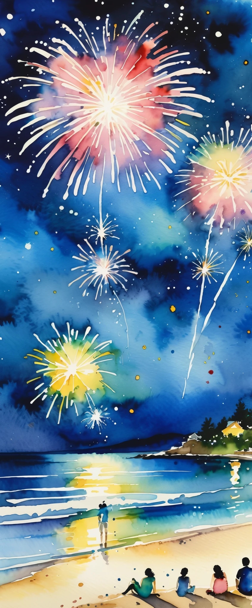 masterpiece,Beautiful fireworks watercolor,Summer in Japan,Night Sky,Sandy Beach,audience,(Watercolor splashes、ooze、Blur、blotting、Effective use of the fading technique),(beauty),(Ephemerality),(dynamic)