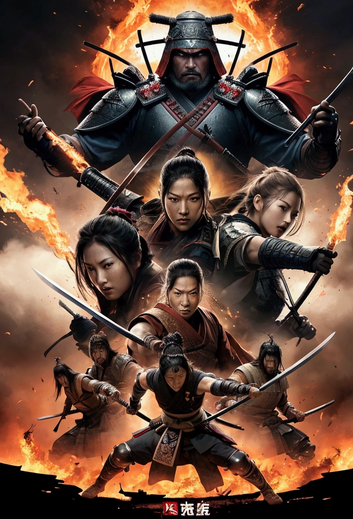 "Create a dynamic scene featuring a large, muscular warrior monk and a beautiful female samurai from the Sengoku period, both standing back-to-back facing enemy warlords. The warrior monk should be holding a spear raised high into the sky, while the female samurai is poised with her drawn katana. The background should depict a burning temple, with flames and smoke adding to the intense atmosphere. Surround them with enemy samurai, emphasizing the fierce battle. Capture the moment with a frontal knee shot of the two heroes, showcasing their determined expressions and readiness for combat. Ensure the scene is cinematic and highly detailed, with vibrant colors and dramatic lighting that highlights the chaos and intensity of the battle. The camera angle should provide a clear view of their coordinated defense against the enemy."