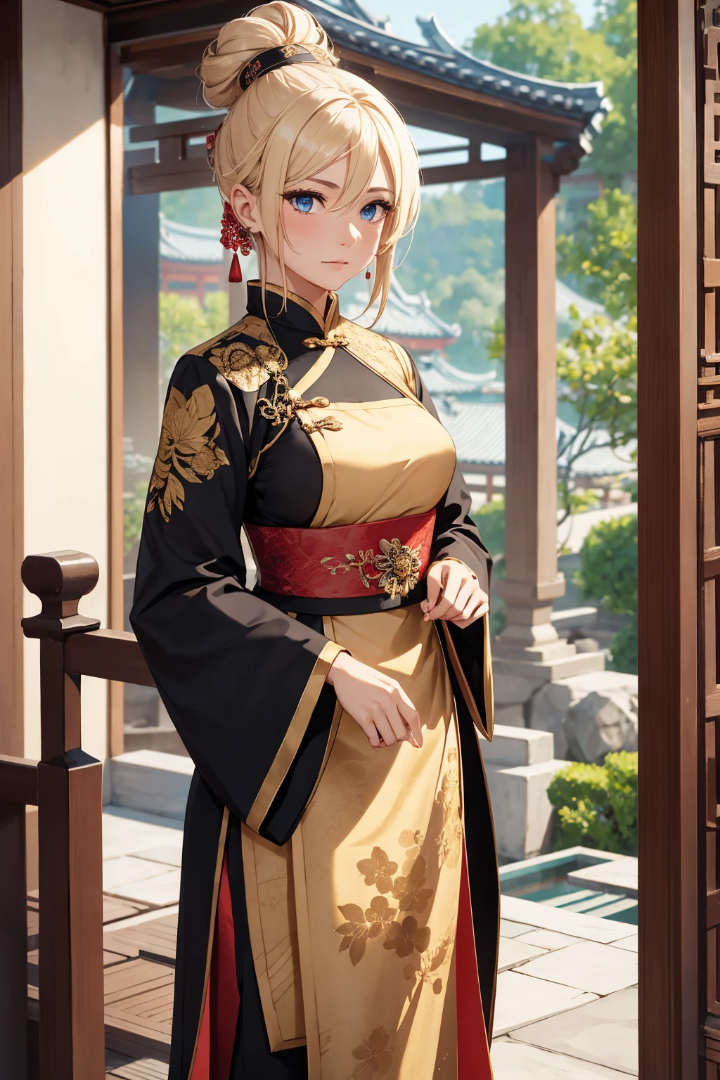 1female, blonde hair, messy updo, blue eyes, black and golden Chinese-designed attire, intricate embroidery, standing confidently, serene expression, traditional Chinese garden background, detailed face, hands to the side, standing on a path