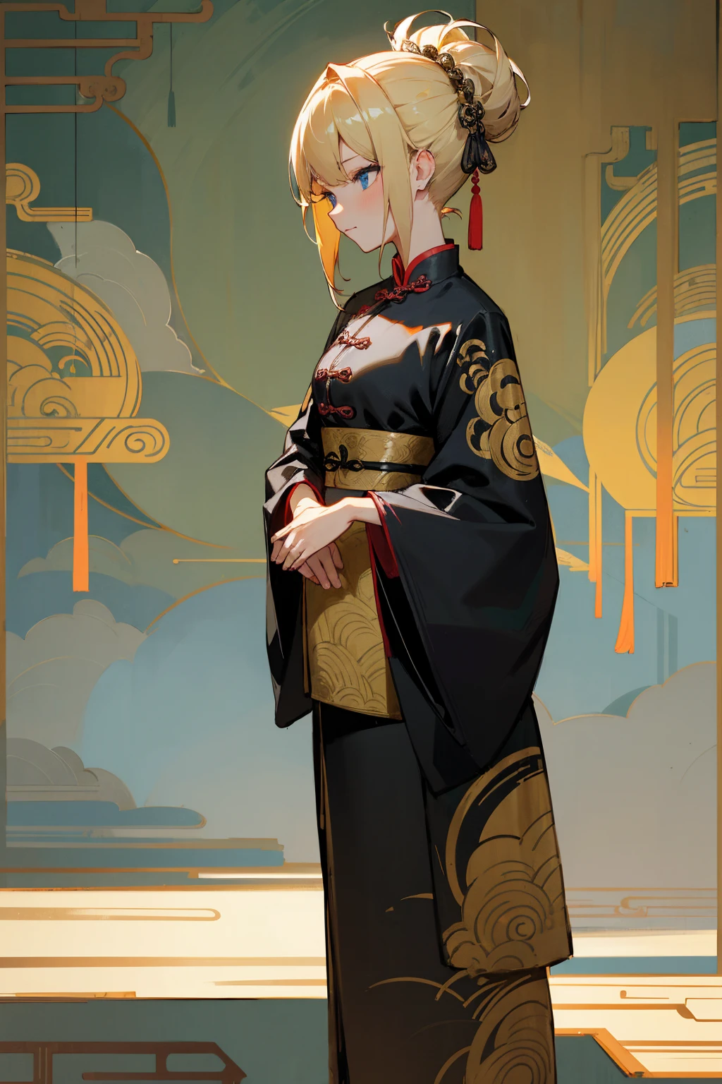 1female, blonde hair, messy updo, blue eyes, black and golden Chinese-designed attire, intricate embroidery, standing confidently, serene expression, traditional Chinese garden background, detailed face, hands to the side, standing on a path