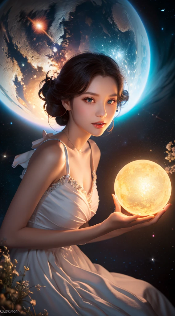 (realistic) A girl in cloud universe with shining stars and galaxy, wearing a (clean and elegant) dress, surrounded by (vibrant and colorful), light particles surround, heaven opens into the swirls of galaxy. Her (beautiful detailed) eyes and (beautiful detailed) lips. The dress is made of a light material. The girl's hair flows down in (loose and natural) curls, adding to her (gentle and carefree) appearance. She is holding a glowing orb that has swirls of colors. The overall image is of (best quality, highres) with (ultra-detailed) textures and (realistic) colors. The color palette dreamy and ethereal atmosphere. The lighting is soft, casting subtle shadows. 8k cinematic, volumetric lighting, golden ratio