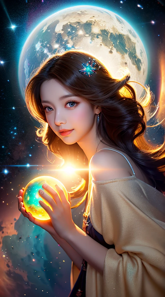 (realistic) A girl in cloud universe with shining stars and galaxy, wearing a (clean and elegant) dress, surrounded by (vibrant and colorful), light particles surround, heaven opens into the swirls of galaxy. Her (beautiful detailed) eyes and (beautiful detailed) lips. The dress is made of a light material. The girl's hair flows down in (loose and natural) curls, adding to her (gentle and carefree) appearance. She is holding a glowing orb that has swirls of colors. The overall image is of (best quality, highres) with (ultra-detailed) textures and (realistic) colors. The color palette dreamy and ethereal atmosphere. The lighting is soft, casting subtle shadows. 8k cinematic, volumetric lighting, golden ratio