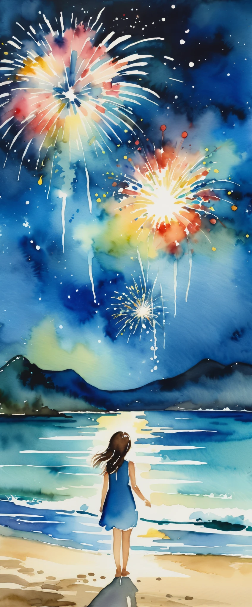 masterpiece,Magnificent landscape painting,Beautiful fireworks watercolor,Summer in Japan,Night Sky,Sandy Beach,A girl is happy watching fireworks,(Watercolor splashes、ooze、Blur、blotting、Effective use of the fading technique),(beauty),(Ephemerality)