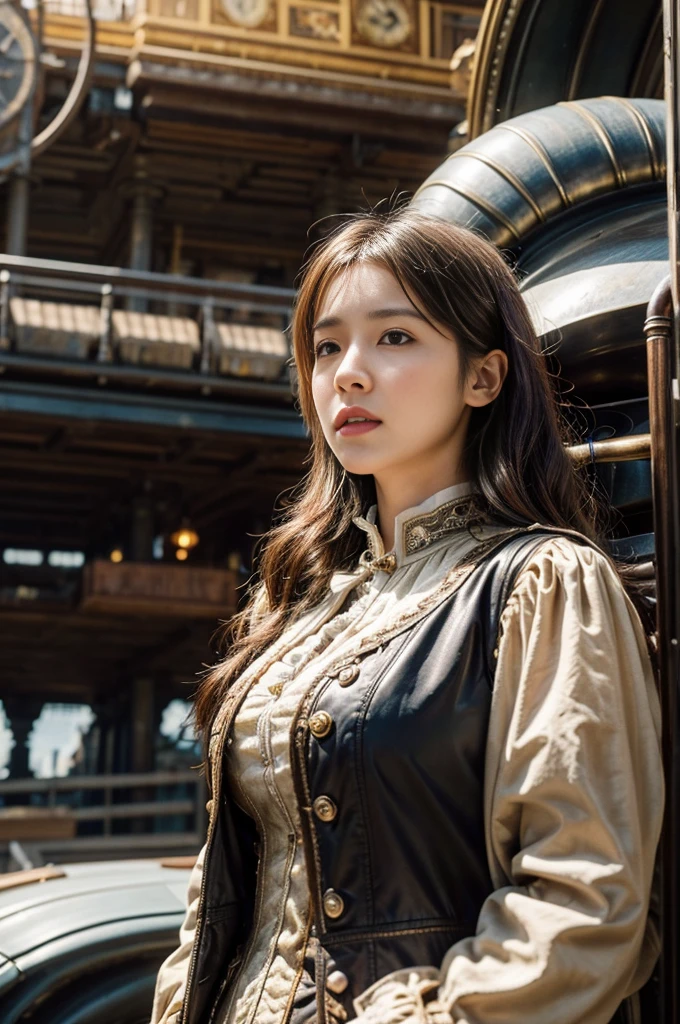 source_photo, (photography, realistic:1.4), cinematic, depth of field, bokeh, best quality BREAK
a woman, solo, steampunk adventurer, dynamic angle, dramatic lighting, Victorian-era outfit with mechanical gadgets, airship dock, towering zeppelins, mechanical contraptions, golden hour, determined expression, warm colors
