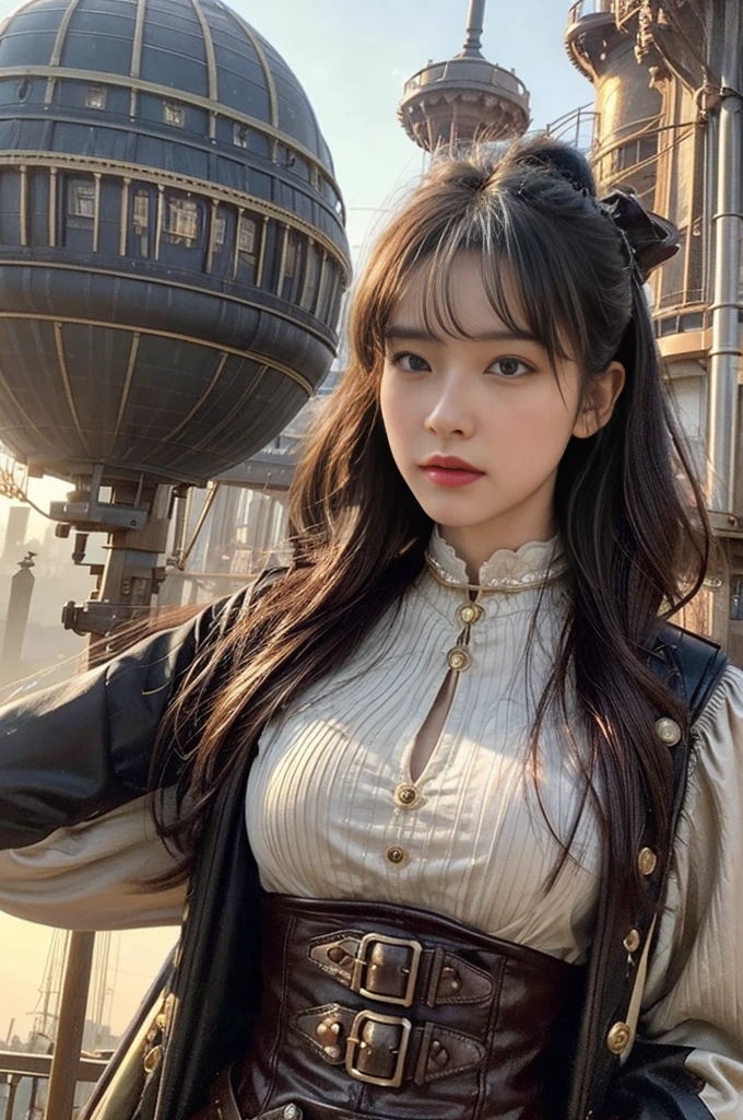 source_photo, (photography, realistic:1.4), cinematic, depth of field, bokeh, best quality BREAK
a woman, solo, steampunk adventurer, dynamic angle, dramatic lighting, Victorian-era outfit with mechanical gadgets, airship dock, towering zeppelins, mechanical contraptions, golden hour, determined expression, warm colors