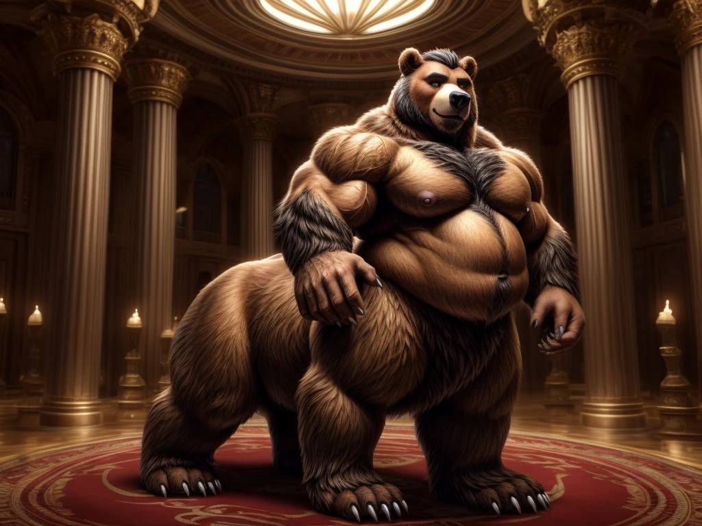 furry, fur taur, beartaur, human-like, anthro, middle-age, solo,1man, detailed face, bear ears, bear eyes(brown), bear nose(black), bear mouth, beard(grey), hair, mature hair(grey), detailed arm, thick arm, forearm hair, muscular, thick hands(5 fingers), thick claws, detailed body belly, thick body, muscle belly(white), thick chest, chest hair(white), nipples, detailed taur body, thick taur body, waist hair, thick bear paws, bear paws hair, thick bear claws, thick bear tail, full body shot, standing on the Franch's Olympia Venue