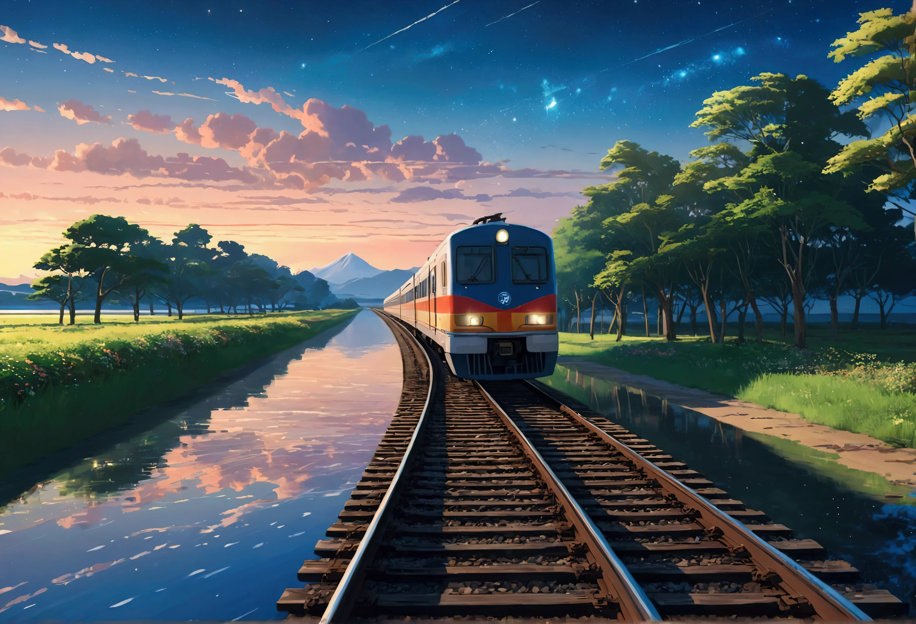 Masterpiece, Anime train passing through bodies of water on tracks, Bright starry sky. Romantic train, Makoto Shinkai's picture, Pisif, concept-art, Lofi art style, Reflection. By Makoto Shinkai, Lofi art, beautiful anime scenes, Anime landscape, Detailed scenery —width 672, in the style of makoto shinkai, Makoto Shinkai's style, Enhanced detail.