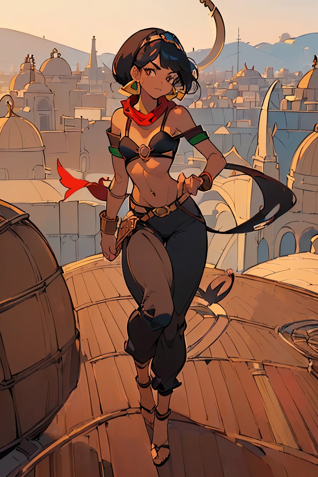 ((My Hero Academia Style)), (((Jasmine))), (((Aladdin))), (((Dark skin))), (((brown complexion))), ((((dark elf)))), (((((pointed ears))))), (((black eyes))), ((((Long Devil Tail)))), (((((Arabian Clothes))))), ((((((Black Tight O-ring Bow Bra Top)))))), ((((((Red Harem Torn Crotchless pants)))))), ((((((Black Caged Highcut O-ring G-string button)))))), ((((((Brown Pouch Caged hip belt)))))), ((((((Slave Iron Chained Choker)))))), ((((((single hip-hugging cutlass)))))), ((((((Single Hip-Hugging Dagger)))))), ((((((Red torn scarf over mouth)))))), (((((Hoop Earrings))))), ((((((Pixie Cut Hairstyle)))))), (((wide and toned hips))), (((wide and toned thighs))), (((Toned calves))), (((exposed abdomen))), (((bare abdomen))), (((((navel piercing))))), (((exposed navel))), (((Knees apart))), (((Legs apart))), ((((Slightly marked abs)))), (((((slightly marked muscles))))), (((medium breasts))), (((perfect anatomy))), (((perfect hands))), (((perfect face))), (((((high quality))))), (((((masterpiece))))), ((((full body photo:1.5)))), (((looking at viewer))), (((((arabian rooftop background))))),
