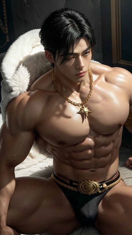 super realistic, A muscular Korean man is in a wonderland, 20 yo, It wears a rich white as snow (fur layer on shoulders and back) with a very long pile, under which you can see his extremely muscular body, The emphasis is on the male body. Above his head is a halo surrounded by a white cloud and a golden sacred light., (Its body is adorned with gold chains with precious stones, finger rings), (A heavy belt with a band of gold thong underwear with sparkling gemstones). Voluptuous crotch. He has short black hair with shaved temples and big expressive green eyes.. A clock ticks in the distance. This scene looks like something out of the realm of fantasy or legend seen from above, full naked, show his big penis, long big dick masturbate, big ass, open legs