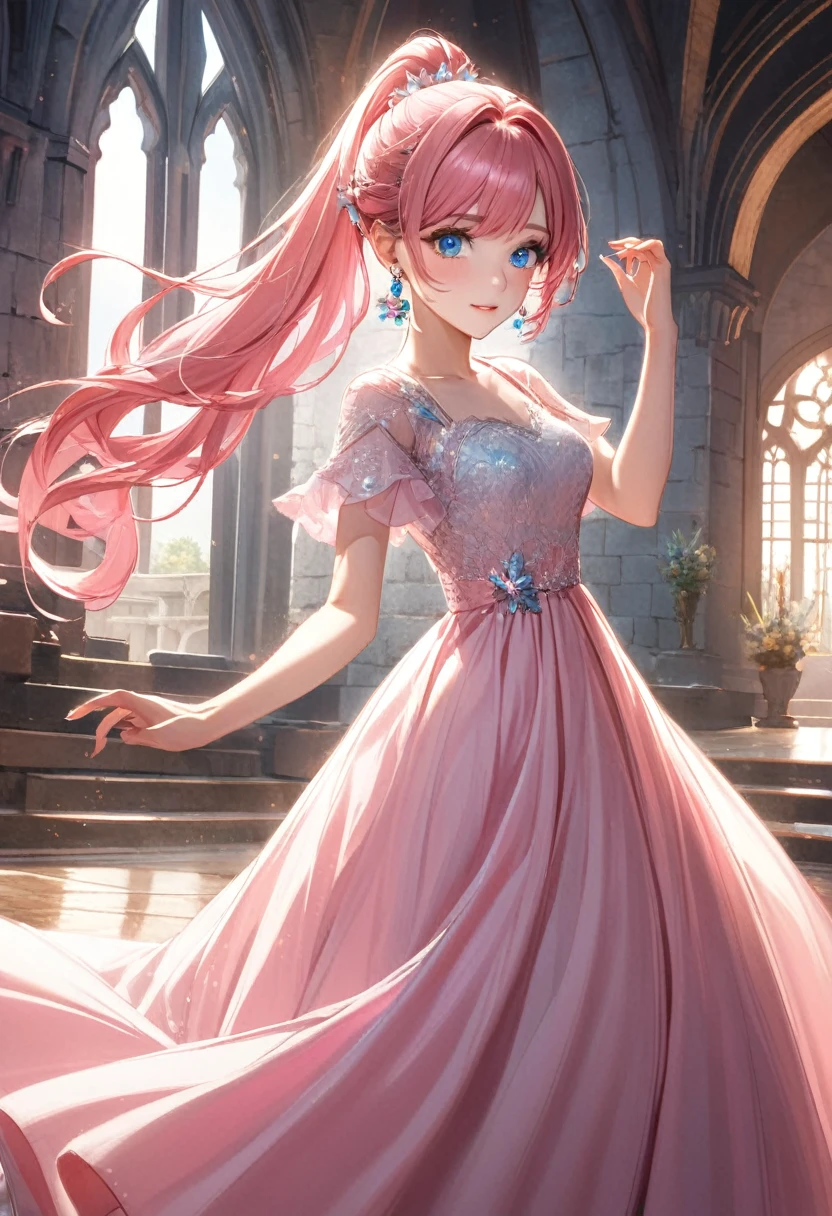 1 female　Pink hair ponytail　Pink eyebrows　Dull light blue eyes　Long dress　Dance　Moon hair accessory and earrings　Inside the castle