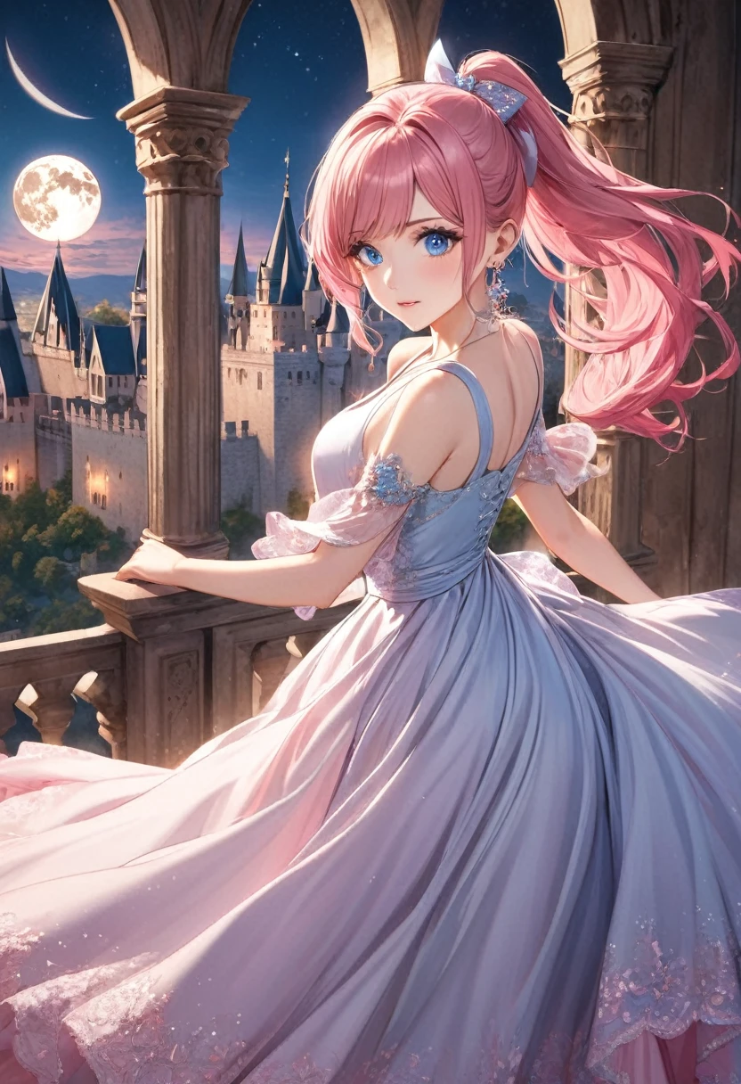 1 female Pink hair ponytail Pink eyebrows Dull light blue eyes Long dress Dance Moon hair accessory and earrings Inside the castle