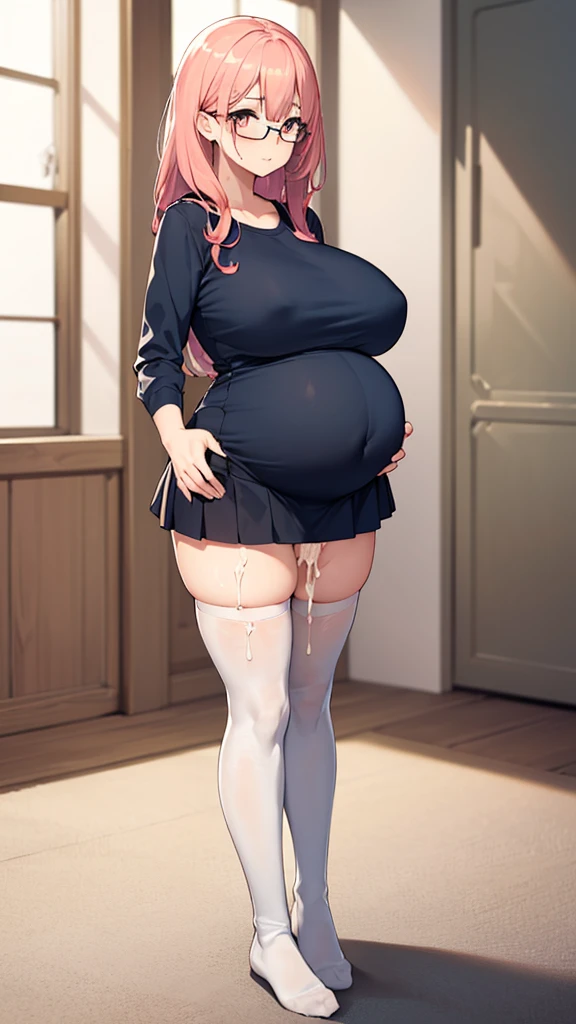 (Full body, glasses, detailed, 1girl), An image of a pregnant girl with pink hair, orange eyes, big breasts. (She is wearing a light blue shirt, a black skirt and white thighhighs), (((cum on belly)))