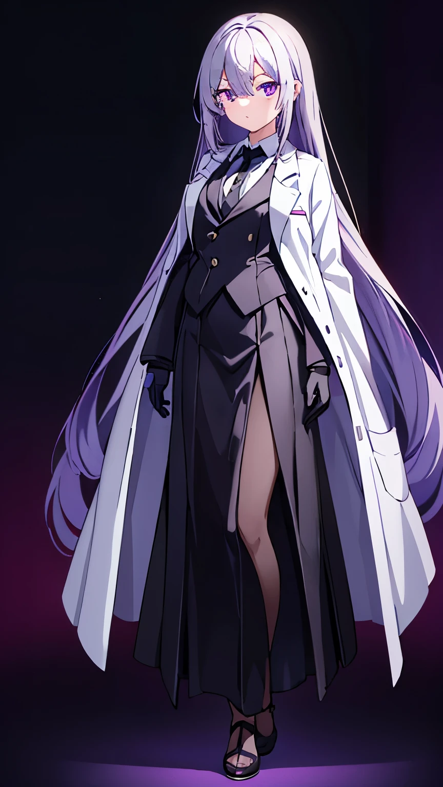 1girl, black gloves, ((white lab coat)), black shirt, black gauze skirt, purple hair, Reddish purple eyes, long hair, standing, (full body), (toe), background less, , black expressionless, medium chest circumference, Height 170cm, scientist, hairs between eyestraight hair,