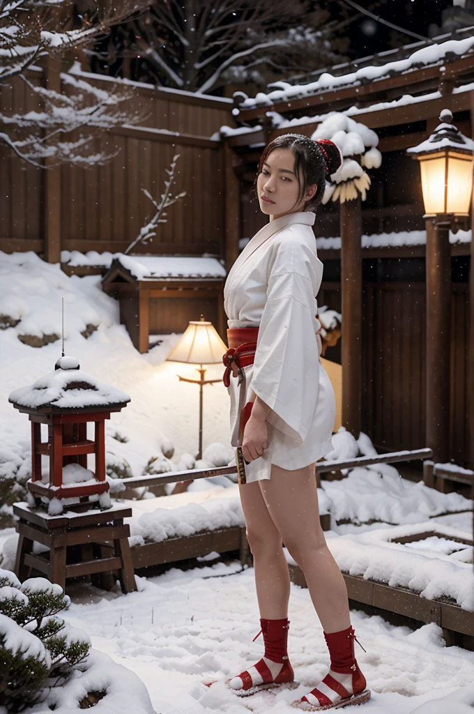 a young woman in a white kimono with red trim, with a samurai sword raised above her head, the second hand is pulled back, one leg is bent at the knee, the second leg is pulled back, the movie "Kill Bill", a snow-covered Japanese garden, bonsai, night, dark starry sky, snow is falling