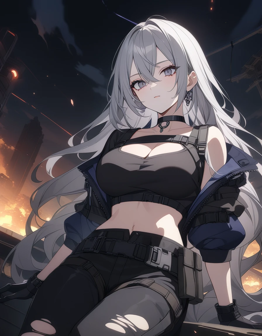 最high quality、best image quality、masterpiece、girl((18-year-old、 By becoming、vest bust、medium bust,wide open breast tea、shining eyes, silver hair、ponytail、long hair、thin,highest valley、white tank top、blue pants、Wristband、Holding a handgun、ruby earrings、squat、hold a gun)),high quality、beautiful art、background((Dark Research Facility、broken wall、warning mark、battlefield))、Flight、debris flies、Depth of written boundary、movie、visual art、perfect art、8K,genuine、