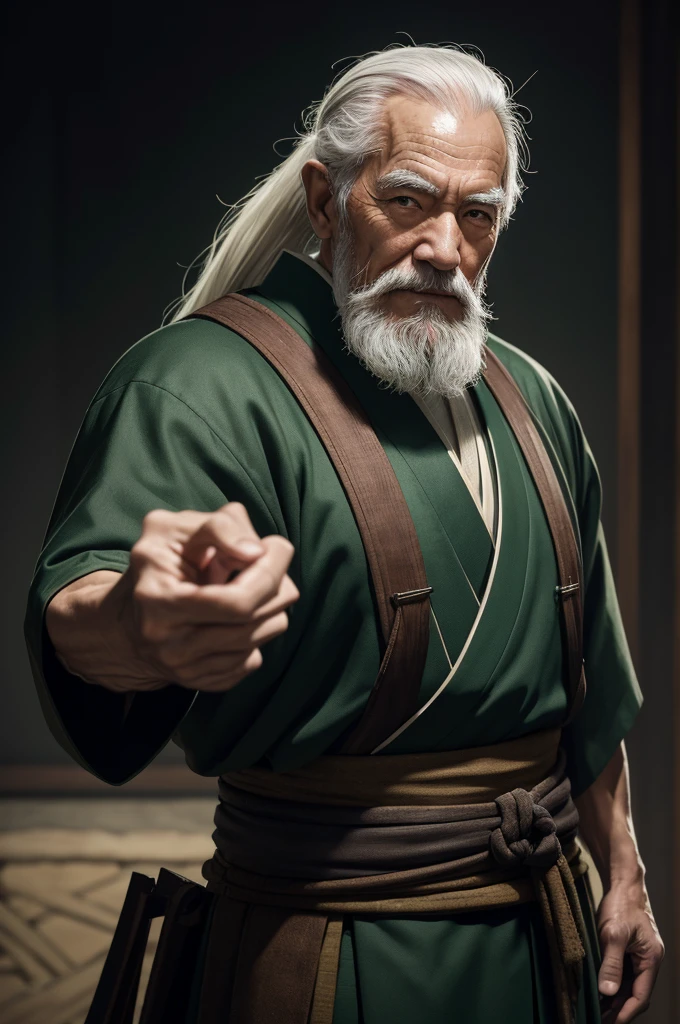 8k,Wearing a green and black Japanese kimono、An elderly man with a muscular slim body and white beard, style sacristy water, tie long white hair back,close-up character portrait,  low length,muscular slim body,Stanley Artgerm Rau, wearing old samurai clothes, masterpiece,Photorealistic RAW photos of the highest quality。bright colors,rich colors, Backlight, cinematic lighting, film grain, to be born, 50mm lens, Nikon D850,detailed character art,fantasy art,ultra high resolution,super realistic skin,perfect hand shape,wasteland,smile,very old man(80 years old),fighting pose,action pose,dynamic pose,wrestle,take a stand,